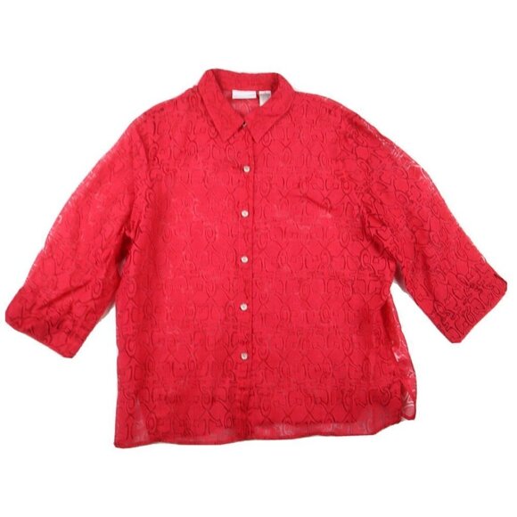 ALFRED DUNNER - WOMEN'S RED SHEER BURN-OUT BUTTON-UP TOP - SIZE 18 - Picture 1 of 3
